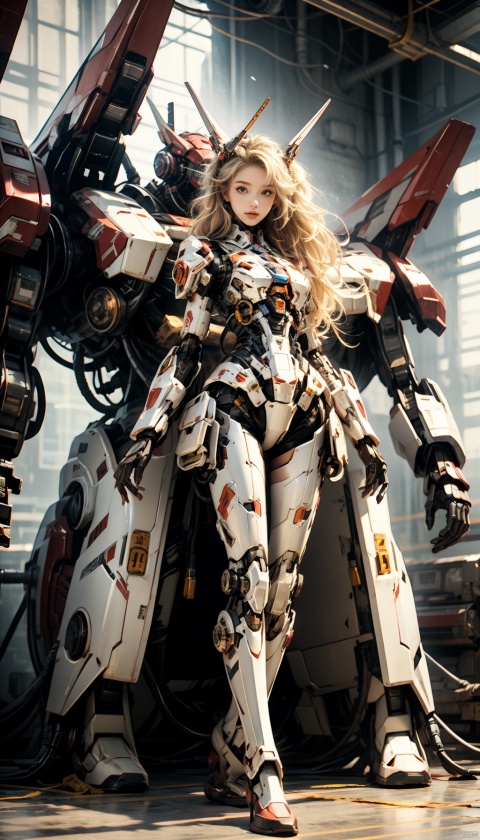  (best quality),(masterpiece),an extremely delicate and beautiful girl,official art,ultra-detailed,(light on face),looking at viewer,(1girl:1.5),solo,standing in front of a big robot
,(long floating blonde hair),Mecha warrior,BREAK, (black mecha:1.2),red mecha,gloden mecha,sunlight,super_mecha,machinery,Real,1girl,robot,mech,Pink Mecha,cyberpunk,steampunk