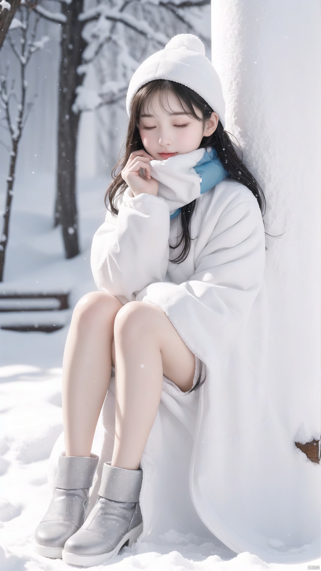  A girl sitting in the white snow closed her eyes and her body had turned white, Be covered with snow, All white, all white, all snow, (full_body:1.2), (full body:1.2), 
, sg,