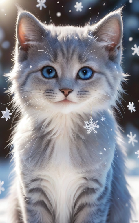  (best quality),(masterpiece),little fluffy blue kitten playing with little snowflakes,small detailed eyes with highlights,long eyelashes,fur,original style,cute,cute and charming,fantasy with glowing eyes,sparkling Sun,soft light,glitter,professional photo,beautiful,3d,realistic,8k,high resolution,cgi,hyperrealism,1/300's,highly detailed digital painting,bizarre,
