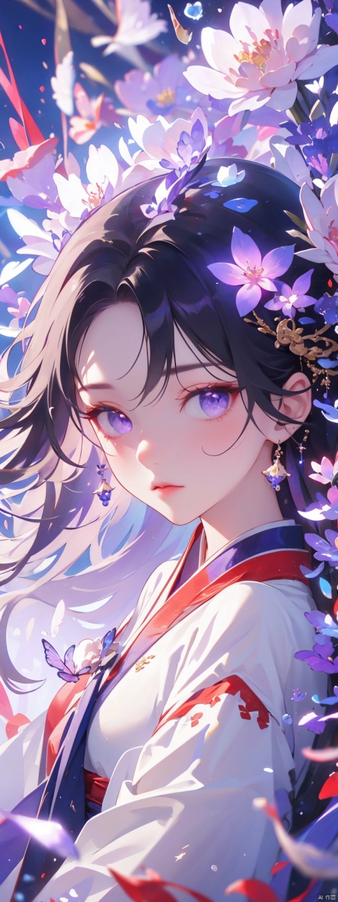  1 girl,(Purple light effect),hair ornament,jewelry,looking at viewer,floating hair,hair flower,hanfu,upper body,best detailed,
