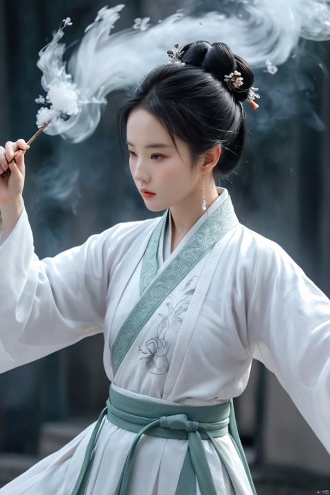  ,wuxia girl,hanfu dress hem resembling smoke,fractal art,long hair,cyclone,arm up,battle stance,close-up,looking at viewer, liuyifei