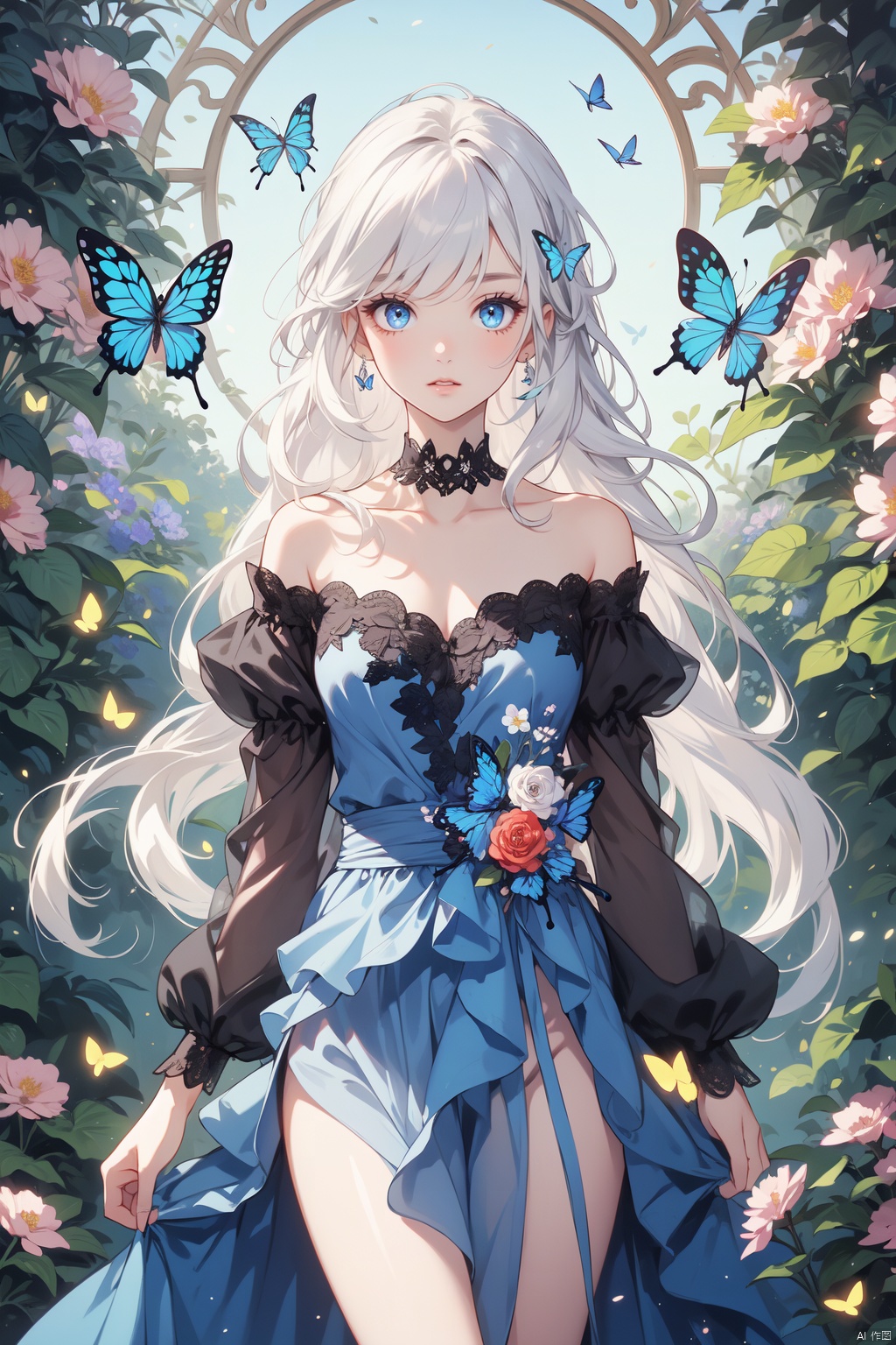  night,glowing eyes,gothic,long dress, 1 girl, solo, long white hair, blue eyes, detailed eyes, blink and youll miss it detail,butterfly, flower garden, high quality, floral background, very detailed,off shoulder