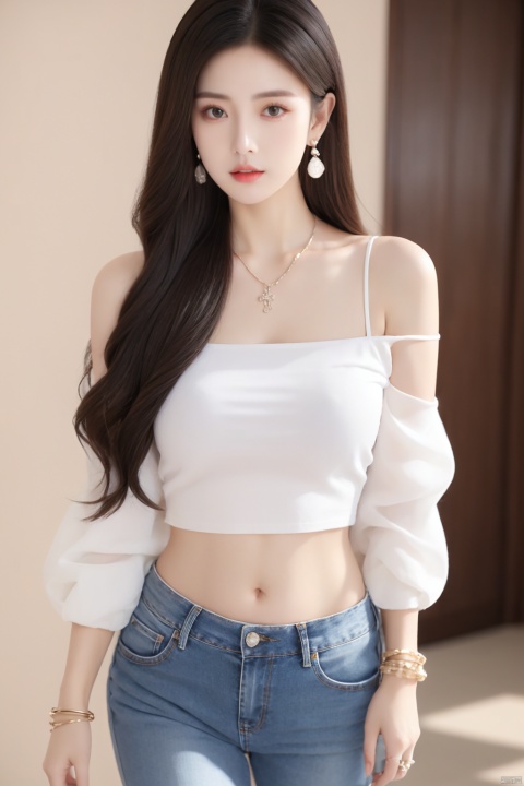  sdmai,lanmeng,1girl,solo,jewelry,realistic,long hair,necklace,Black slim fit jeans,bracelet,black hair,white shirt,off-shoulder shirt,shirt,ring,midriff,earrings,looking at viewer,parted lips,off shoulder,bare shoulders,navel,standing,（full-size photograph：1.6）,sleeveless,