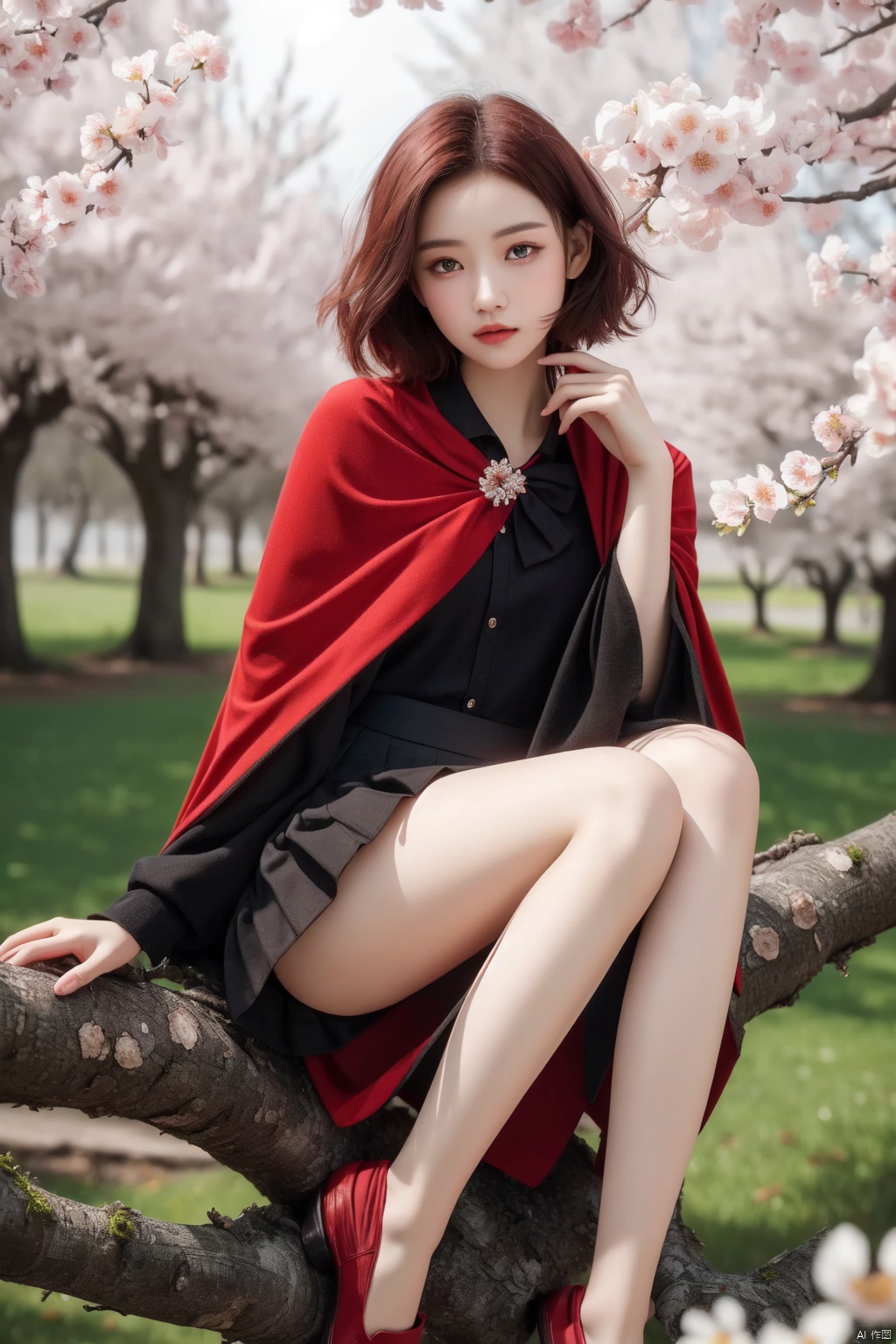  (best quality,4k,8k,highres,masterpiece:1.2),ultra-detailed,HDR,cinematic lighting,1girl,bird,bird on hand,blush,bow,cape,cherry blossoms,closed mouth,full body,hair bow,long sleeves,looking at viewer,red cape,red eyes,red hair,red skirt,short hair,sitting on branch,skirt,tree,