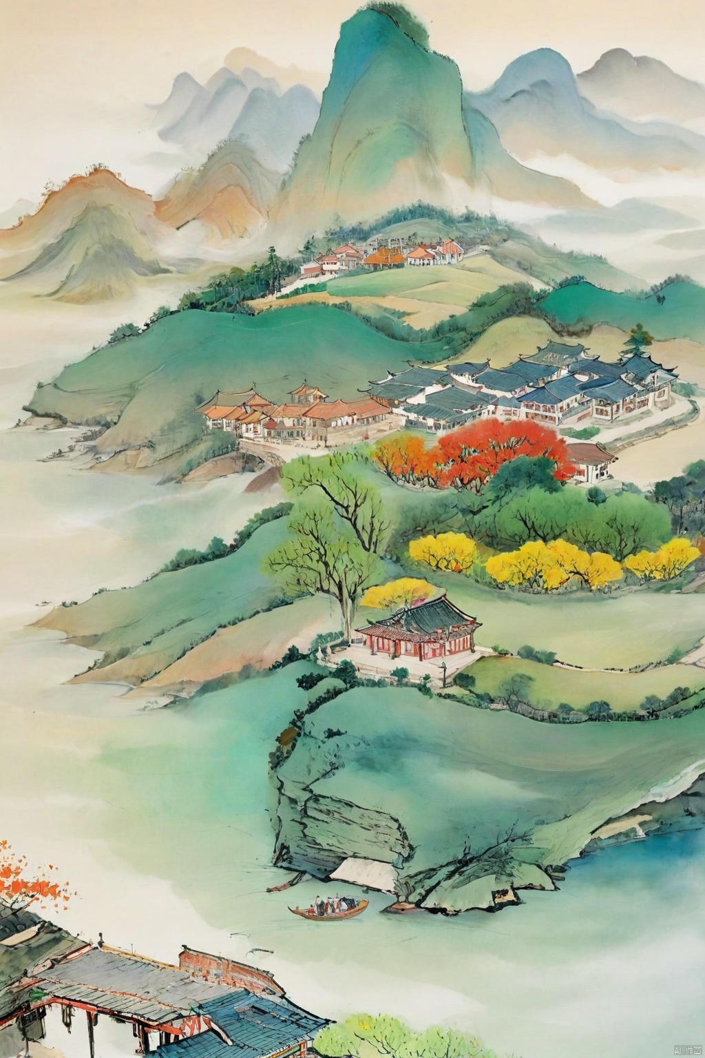  guofeng,illustration,masterpiece,traditional Chinese painting,colorful,scenery, uncleview