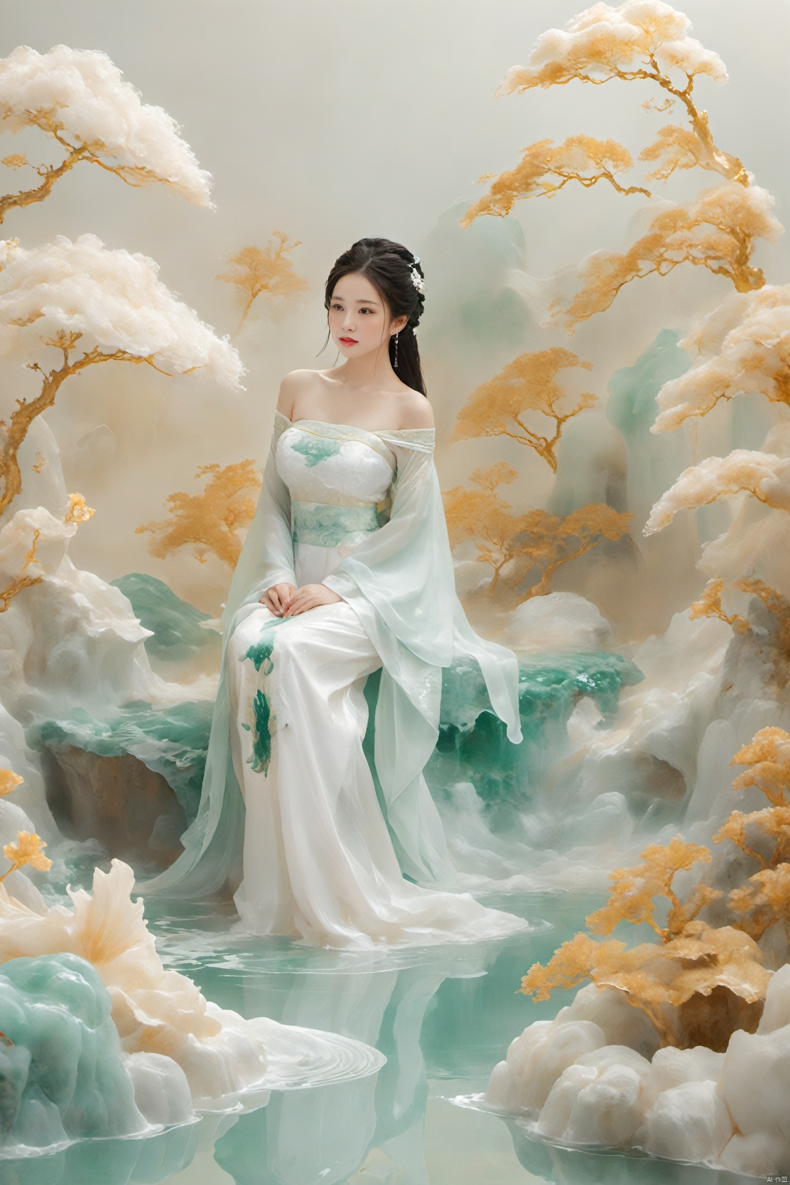  arien_hanfu, mermaid,east dragon,pure white theme,deep in the water,sea,under sea,30 yo lady,large_breasts, guohua, HUBG_Chinese_Jade, Relief style