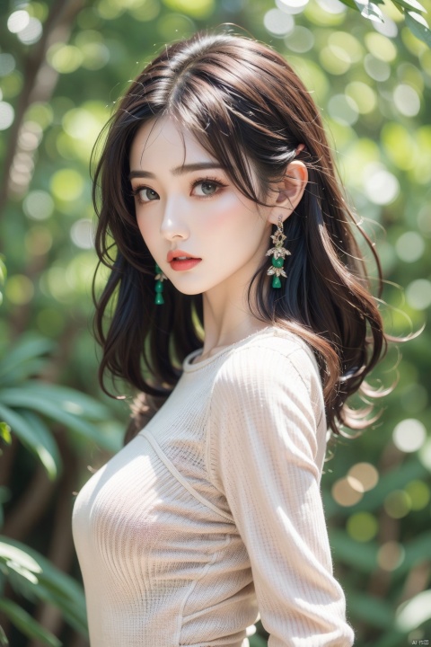 1girl, solo, looking at viewer, bangs, black hair, brown eyes, jewelry, closed mouth, upper body, earrings, medium hair, from side, sweater, lips, makeup, leaf, plant, green background, green theme, green sweater, realistic, Chinese style, 30710, white pantyhose, guofengZ