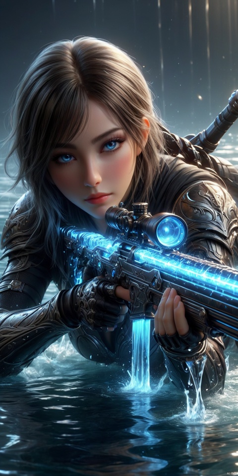  an realistic image of a female fantasy game character laying on the gorund, wielding glowing Sniper Rifle made of water, aiming at the camera, wearing armor, water allay in background, digital art, HD, masterpiece, best quality, hyper detailed, ultra detailed, g005, light master,Wearing a black mask, only revealing a pair of beautiful eyes, light master, nahidadef, SDS_GLOW_BACKDROP, aier mote, BL0J0, wielding a scythe