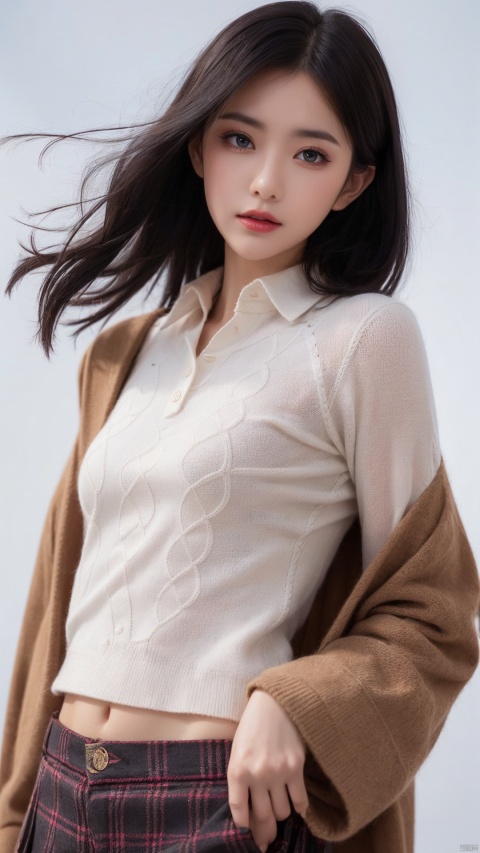  1girl,moyou,solo,upper body,white background,black hair,face front,upper body,studio light,studio,side light,makeup portrait,pink eye shadow,(Perfect female body:1.2),(small breasts:1.2),(linea alba:1.2),preppy style,collared shirts,khaki pants,cable knit sweaters,loafers,blazers,plaid skirts,( chiaroscuro,Fujicolor, UHD, super detail ,raw,85mm,f/1.2,FujifilmXT4,),hair in front,her hair rested on her shoulders,sun behind,(from below:0.3),slim hip,float hair,floating hair,flying hair,hair blown by the wind,flat chest,gold sweater with pink stripes,