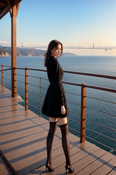  Girl in black stockings standing on the bridge looking at the sea, The style is realistic and stylized, cabincore, animated gif, atmospheric device, light gray and bronze, painting, rinpa school, Dasha Taran,