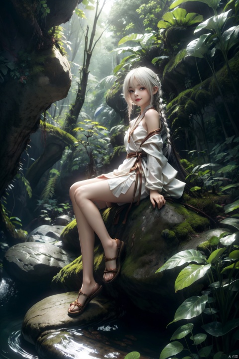  Bare shoulder, white hair, medium hair, golden eyes, white dress, white robe, closed mouth, one braid,closed mouth, raised head, standing, forests,leaves,outdoors,stream,sitting on rock,(petite,loli),(panorama,wide shot,full body,from below,dynamic angle) , backlight