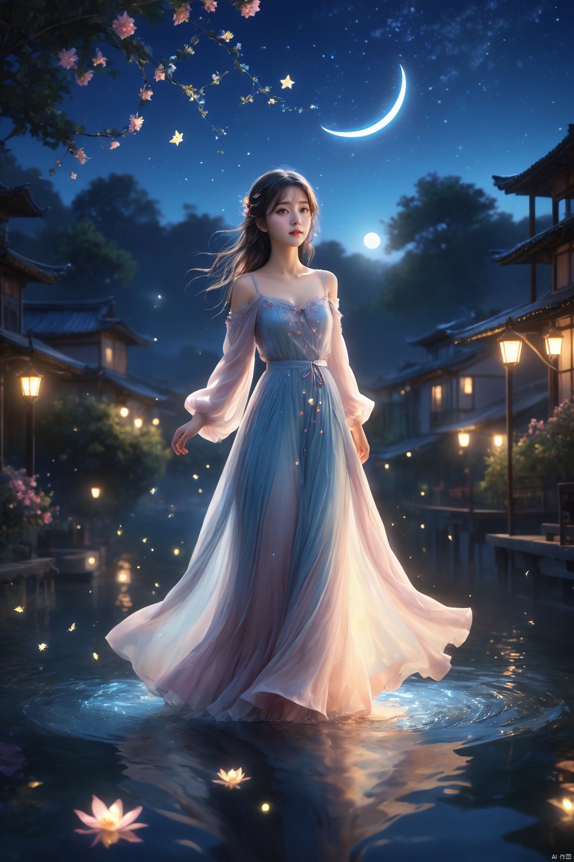  (masterpiece), (best quality), illustration, ultra detailed, hdr, Depth of field, a girl, full body, magic, solo focus, masterpiece, gradient background, summer, best quality, star, deep night, wind, flying flowers,colorful flowers, fireflies, crescent moon, 1 girl, blue long hair, Beautiful and meticulous eyes, small breast, beautiful detailed,off shoulder, beautiful dress,long sleeves ,perfect hand, strong rim light, anime screenshot, bare feet, step in water, solo focus, extremely detailed wallpaper,cinematic lighting, painting, girl, glow, Hazy light,Floodlight, 1girl