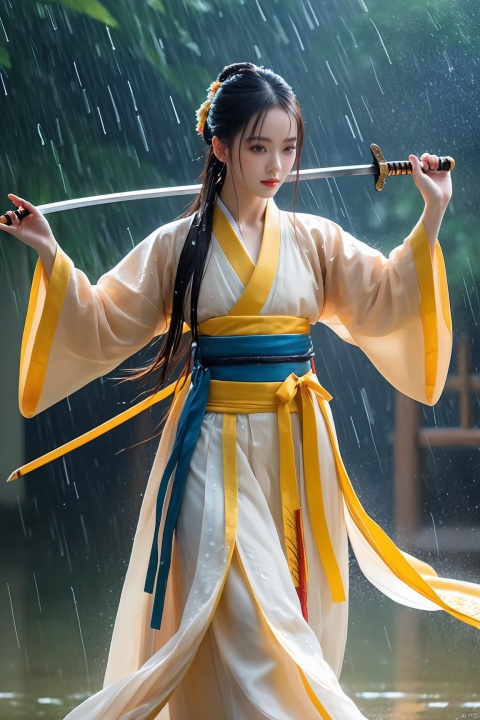A beautiful girl,hanfu,raining,Holding a sword in his hand, it rains, and he comes from above, and he is known as a martial artist, and he is a hero of arrows,wet_clothes,wet hair,