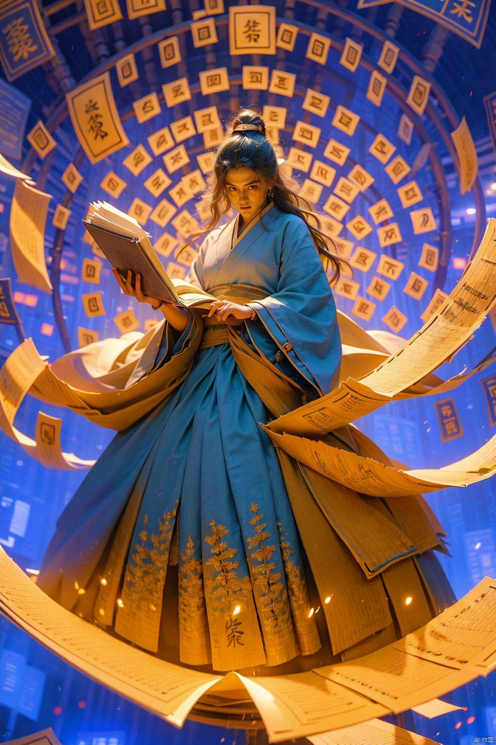  (Masterpiece), (Best quality), (Detailed details), 1girll, Holding a magic book,opened book,cabelos preto e longos,Hanfu, (Surrounded by spells:1.2), Flowing reels,,(Blue runes), Best picture quality, 3Drenderingof, Looking up, ultra-wide-angle, fish eye, Lens focus,Full body photo, 16k, hyper HD, A high resolution, Very detailed, Best picture quality,hand101