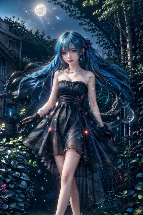  1 girl, aerial fireworks, aurora, bare shoulders, blue eyes,blue hair, bow, city lights, constellation, constellation print,crescent moon, dress, earth l(planetl), fireflies, fireworks,floating hair, full moon, galaxy, gloves, hatsune miku, highheels, light particles, long hair, looking at viewer, milkyway, moon, moonlight, night, night sky, planet, shootingstar, sky, snow, snowflakes, snowing, solo, space, star,(sky), star (symbol), starry background, starry sky, starrysky print, strapless dress, tanabata, tanzaku, telescope,twintails, very long hair, window