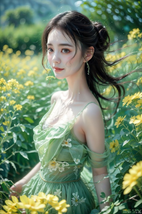  A sexy beauty with a bun, half-body portrait, standing in a sea of rapeseed flowers, charming eyes, sweet smile, surrounded by blooming yellow rapeseed flowers, forming a beautiful picture, high quality picture, full HD picture, 8K resolution, photorealistic, intricate details, sharp focus, vibrant colors, trending on ArtStation, trending on CGSociety, by Greg Rutkowski, Midjourney, Jeremy Mann, Antonio Moro, Ed Blinkey, Atey Ghailan, Studio Ghibli, heart professional majestic oil painting, popular on DeviantArt, concept art, artwork., lvshui-green dress, Light master, (\meng ze\)