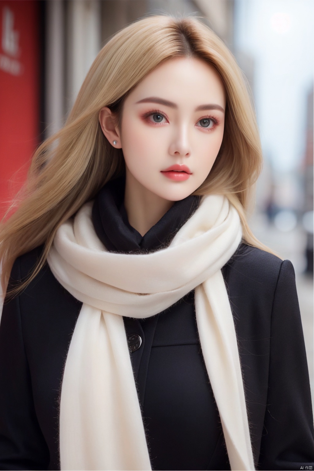  A woman wrapped in a cream-colored scarf, with a black coat draped over her shoulders. Her gaze is pensive, her blonde hair tousled by the wind, and her lips painted a bold red, against an urban backdrop., masterpiece,best quality, depth of field