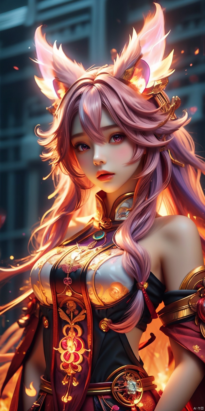  masterpiece, 1 girl, Look at me, Long hair, Flame, A magical scene, glowing, Floating hair, realistic, Nebula, An incredible picture, The magic array behind it, Stand, textured skin, super detail, best quality, ,,dress, ((poakl)), yae miko,purple eyes, pink hair, animal ears, bare shoulders, fox ears, heart, , long hair, , hair between eyes,pink hair,floating,