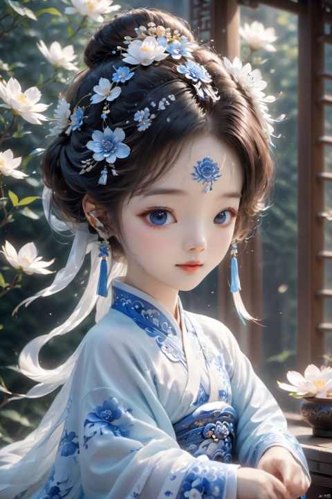  upper body, Floral headdress, blue and white porcelain theme,
A young woman wears a Chinese-style dress made of blue and white porcelain.
,FilmGirl,han,jianjue,1girl,xxmix_girl,m-girl,1 cute little girl