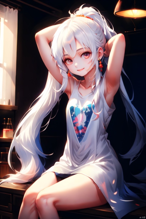  (highly detailed),best quality,1girl,(((breasts out))),((loose t-shirt)),collarbone,bare legs,little smile,white hair,high ponytail,flat chest,arms up,