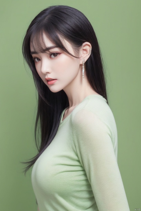  1girl, solo, looking at viewer, bangs, black hair, brown eyes, jewelry, closed mouth, upper body, earrings, medium hair, from side, sweater, lips, makeup, leaf, plant, green background, green theme, green sweater, realistic, Chinese style, 30710, white pantyhose, guofengZ