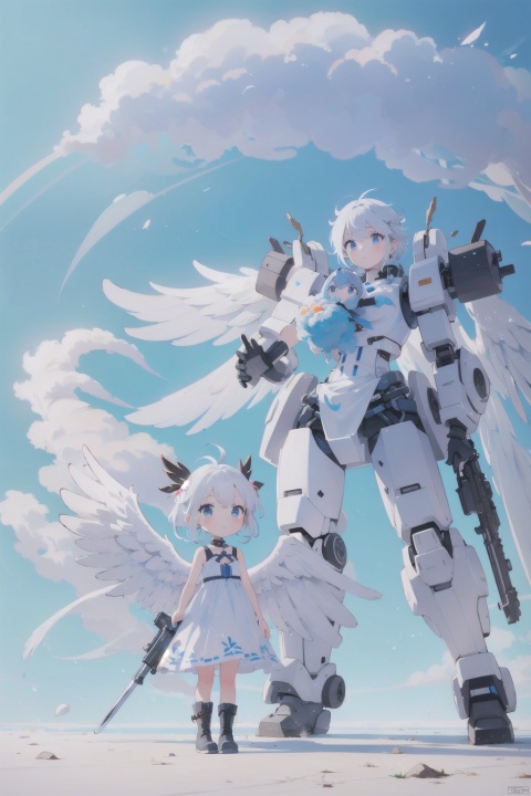  The image depicts a robot girl with white hair and blue eyes, dressed in a white dress and black boots. she has two mecha white wings with a giant fan on each wing. She is standing in a blue splash and carrying a sword on her right and a gun on her left., baimecha, machinery,