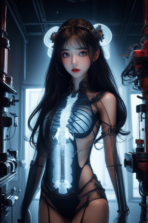  (((masterpiece, best quality))), ((good structure, Good composition, good atomy)), ((clear, original, beautiful)),,1girl,long hair,fantasy,xray girl,blue theme,Tech Lab,