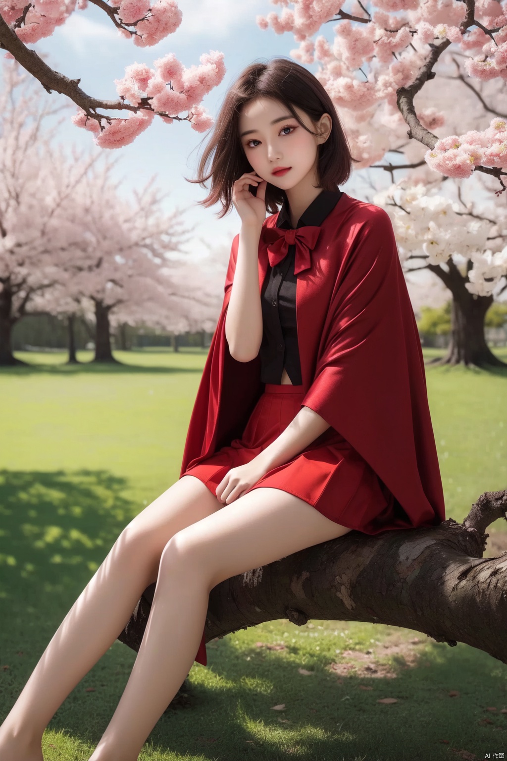  (best quality,4k,8k,highres,masterpiece:1.2),ultra-detailed,HDR,cinematic lighting,1girl,bird,bird on hand,blush,bow,cape,cherry blossoms,closed mouth,full body,hair bow,long sleeves,looking at viewer,red cape,red eyes,red hair,red skirt,short hair,sitting on branch,skirt,tree,