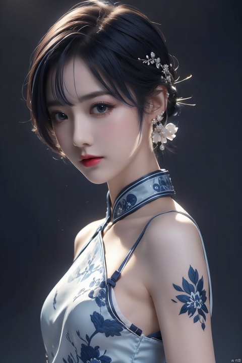  duotone blue and white,1girl,cheongsam,Embroidery,Arm tattoo, blue short hair,side slit,earrings, blurred background, lighting, Light master