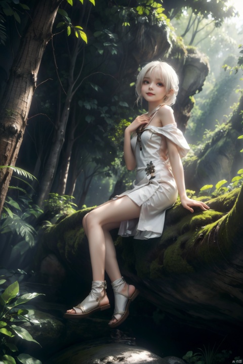  Bare shoulder, white hair, medium hair, golden eyes, white dress, white robe, closed mouth, one braid,closed mouth, raised head, standing, forests,leaves,outdoors,stream,sitting on rock,(petite,loli),(panorama,wide shot,full body,from below,dynamic angle) , backlight