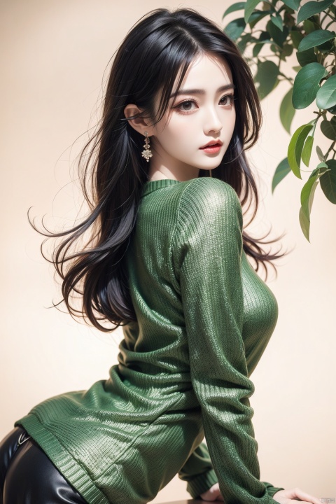  1girl, solo, looking at viewer, bangs, black hair, brown eyes, jewelry, closed mouth, upper body, earrings, medium hair, from side, sweater, lips, makeup, leaf, plant, green background, green theme, green sweater, realistic, Chinese style, 30710, white pantyhose, guofengZ