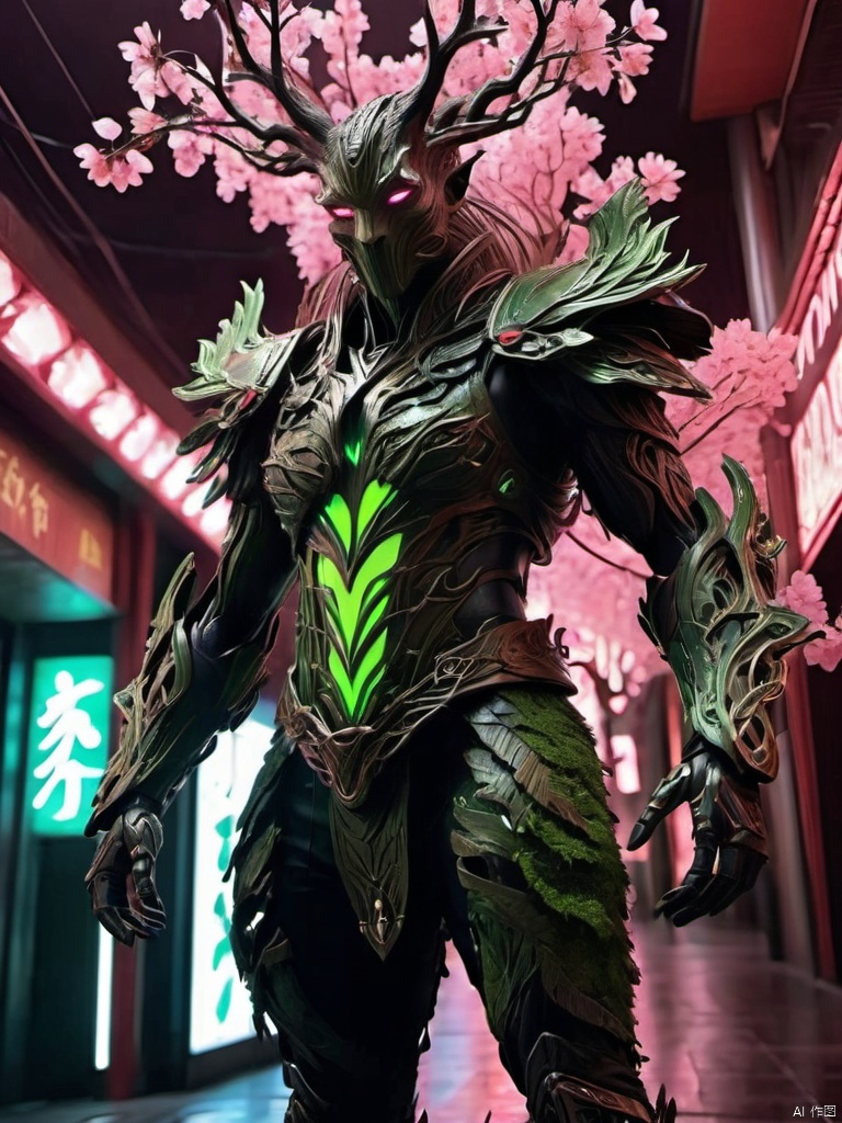  (The king),(Cyberpunk Treeman),metal leaves,wired branches,glowing light eyes,mechanical bark,with moss-covered bark,tribe outfit,(ancient tribal markings),control tendrils extending from the arms,Neon lights dancing on the body,(Lightning around branches and leaves),(peach blossom),Soft and delicate petals,vivd colour,(A harmonious blend of green and pink),(Ominous dark clouds in the sky),Night atmosphere,A futuristic,Vivid colors and high-contrast lighting,Dramatic shadows and highlights.(best quality, 4k, 8k, masterpiece: 1.2), ultra fine, (realistic, photo realistic, photo realistic: 1.37), 1girl