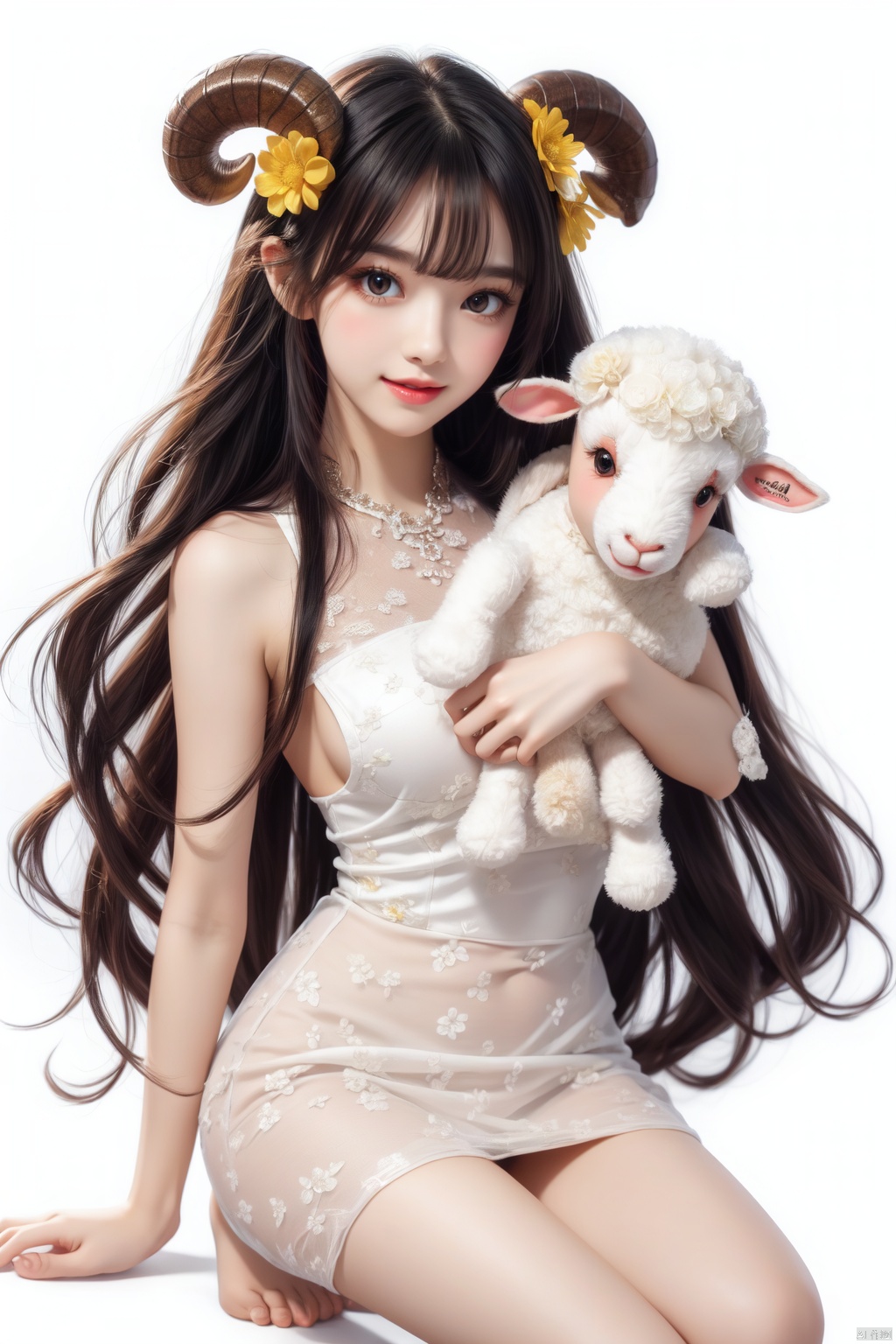  1girl, :d, barefoot, black_hair, blush, copyright_name, dress, flower, full_body, hair_flower, hair_ornament, holding, holding_animal, horns, long_hair, looking_at_viewer, open_mouth, sheep, sheep_horns, simple_background, smile, stuffed_toy, very_long_hair, white_background, white_dress, white_flower, yellow_eyes

