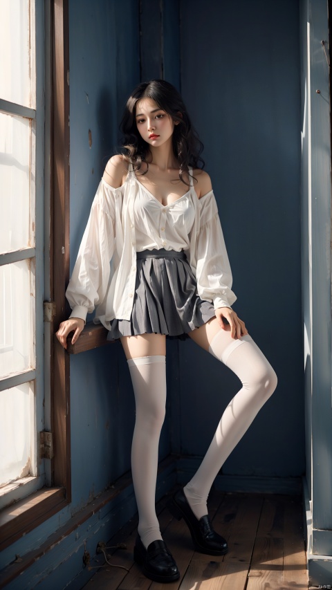 Original,very detailed wallpaper,very detailed illustrations,1girl,white hair,perfect female body,beautiful eyes,(delicate face),(seductive expression),(hair tucking:1.1),impact,black footwear,solo,(grey pantyhose:1.2),(full body:1.1),indoors,white shirt,unbuttoned shirt,see-through,black jacket,off shoulder,pleated skirt,(shiny skin),mouth mask,(best lighting),(super-complex detail),octane rendering,pointed toe high heels,  white thighhighs, windowsill,vine