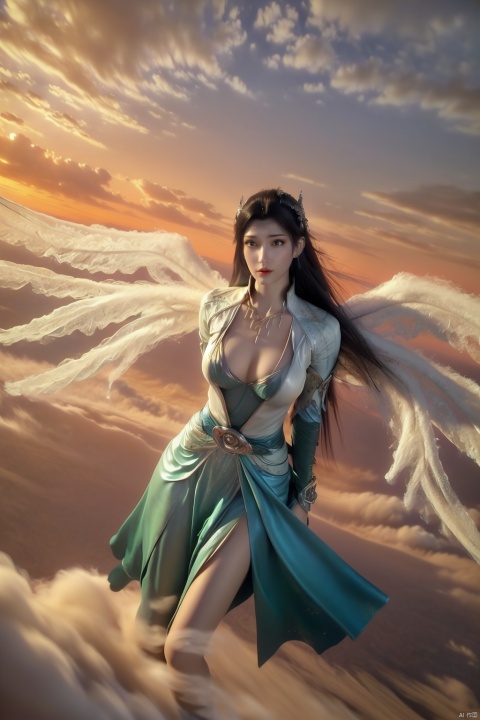 (cowboy shot:1.3),(flying above cloud:1.7) (flying in sky:1.6), yunyun, 1girl, black hair, long hair, necklace, dress, jewelry, green dress, hair ornament, (three meter wings, wings, big wings:1.5), pale skin, white skin, shiny skin, (detailed skin, detailed face:1.3), cowboy shot, magical abstraction, perky breasts, (8K, masterpiece, best quality:1.15), (intricate details:0.9), (hdr, hyperdetailed:1.2), magiccircle, (floating:1.2), long hair, headwear,  (bracelet), ((full body, whole body)), (upper thighs shot:1.3), (fantasy style, 8K, masterpiece, best quality:1.15),