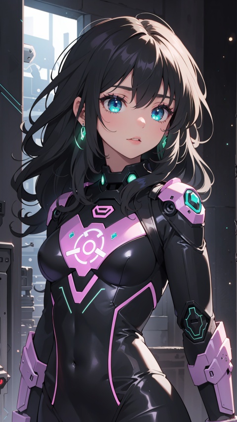  centered, digital art, upper body, (beautiful detailed eyes:1.2), | solo, ebony woman, wearing the black and purple cybernetic armor with green parts of Space Woman, tight bodysuit, black hair, dreadlock hair, emerald eyes, muscular proportions, | in a dungeon made all of metal, | bokeh , depth of field