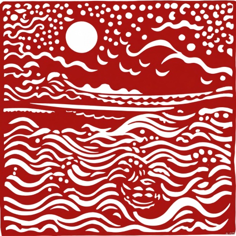  (paper-cut:1.5),red color,monochome,(white background:1.5),
full-moon on the sea,sky,cloud,boat,wave