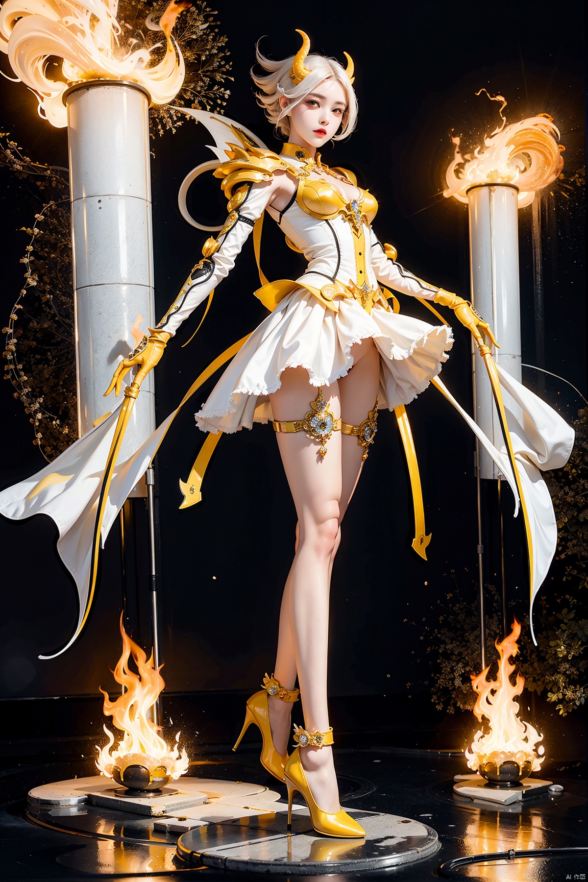  white ethereal vintage demon, Mechanical Construction, full body, fire element, 1girl,yellow_footwear,high_heels
