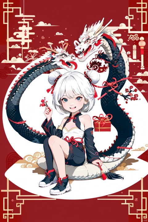  {artist:rella}, {artist:ask(askzy)},[artist:ningen_mame],artist:ciloranko, [artist:rei(sanbonzakura)],(hyper cute girl:1.1025), (flat color, vector art:1.3401), Chinese dragon theme, beautiful detailed eyes, hyper-detailed, hyper quality, eye-beautifully color, face, (her hair is shaped like a Chinese dragon, Chinese dragon, hair, Chinese dragon:1.2763), (1girl:1.2155), (high details, high quality:1.1576), (backlight:1.1576), high quality, (title:happy new year 2024:1.3), (cover design:1.2), simple background, cover art, trim, album_art, 
/, /, /, /, /, /, /, 
1girl, (chibi), (tangou:1.3), 1girl, theresa apocalypse, double bun, hair bun, chinese clothes, blue eyes, bare shoulders, bangs, white short hair, black shorts,
/, /, /, /, 
(((holding a little Chinese dragon))), (((sitting, Chinese dragon on legs))), [[smile]], large breast, dragon, (((Chinese dragon print))), (Loong:1.2), pajamas, kimono, bare shoulders, 
/, /, /, /, /, /, 
Chinese text,red_bandeau,year of the loong,loong pattern,lantern, red background, ((simple background)), ((happy new year 2024, new year theme, new year, 2024, gift box,)), (red decorations on dragon), ((Chinese new year)), Chinese knot, red ornaments, spring festival, 
/, /, /, /, /, /, /, 
hair with body, CTA dress, CAY leg, Loong hands, body with Loong, dress with Loong, light particles, (Hair with Loong:1.2155), small breast with Loong, 1girl, small breast, marbling with hair and clothes, (original:1.1025), (arm down:1.1025), (paper cutting:1.1025), 
------, 
Low saturation, grand masterpiece, Perfect composition,filmlight,lightart
,鏃�, eastern dragon, nai3