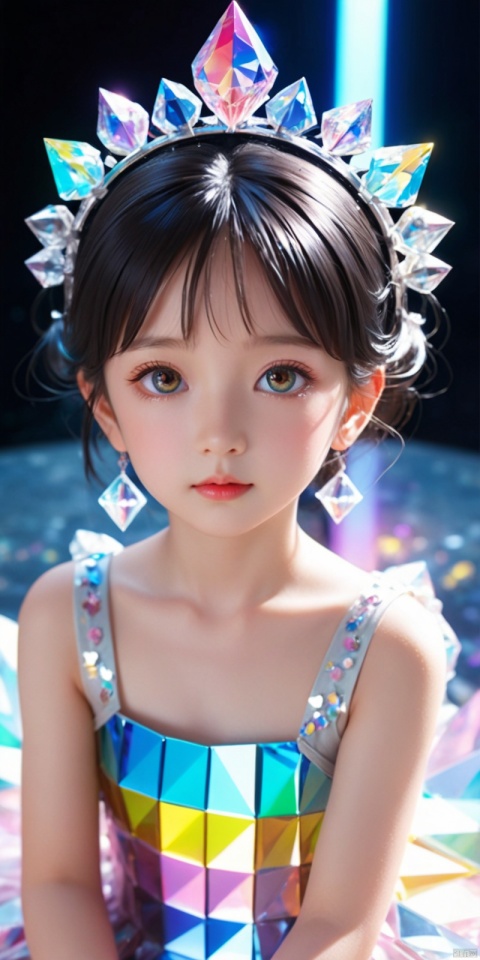  masterpiece, most detailed quality, masterpiece, best quality, official art, extremely detailed CG unity16k wallpaper, masterpiece, ((6 year old girl), little princess, loli, small face, well-proportioned features, good figure, well proportioned , (sci-fi: 1.1), (ultra-fine crystal: 1.5), (crystal loli: 1.5), kaleidoscope, ((rainbow: 1.5) long hair), (silver eyes sparkling), sitting, surrounded by colorful crystals, Wet skin texture, (Skin with Crystal Fusion: 1.8), head looking up, simple clothes, clear crystals, flat dark background, lens flare, prism,