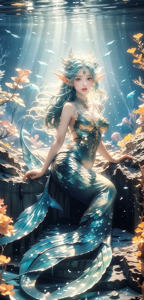  The mermaid, a girl, is at the bottom of the sea at night (a blue moonlight shines on the mermaid princess. The mermaid sits on the reef like an elf: 1.31). It has a beautiful posture, surrounded by sardine, beautiful water plants in the foreground, sparkling corals in the distance, beautiful bubbles, full body photos, ultra wide-angle lens, depth of field, (Beautiful composition, unified 8k wallpaper, super details, aesthetics, masterpiece, best quality, photos, masterpiece, authenticity, very detailed: complex details: 1.3),(Real scene, real light and shadow, real photos:1.32), 8k, (masterpiece), photos, wlqc, mermaid,solo,watercolor senery