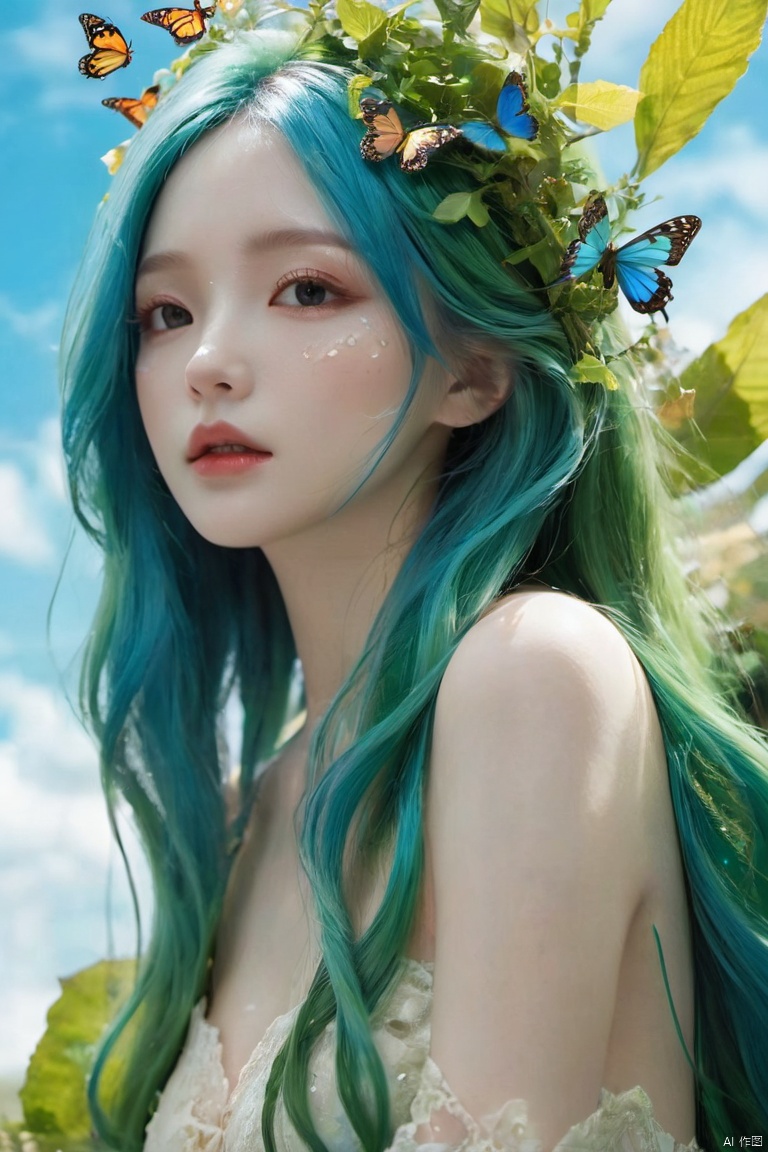  splash art, digital painting, alcohol ink painting, luminism, golden lines, BjD doll face, porcelain skin, baroque, long swirling green hair, lavish green leaves, falling blue flowers, celestial lighting, butterflies, tree branches, sky, golden glowing, water drops,

best quality, masterpiece, high res, absurd res,
perfect lighting, vibrant colors, intricate details,
high detailed skin, pale skin,
, light master, Face Score, 1girl