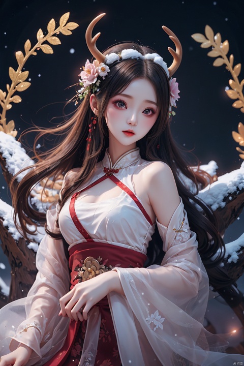  snow night,city,1girl, upper body,long hai,flowers theme,jewelry, Universe Sky Theme, Fluorescent antlers, hanfu, yinyou, faxa