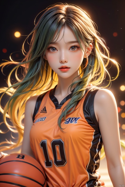  1girl,Basketball babe,beauty,3D face,elegant,enchanting,exquisite attire,highly detailed,bright blue eyes,mart station,lemon yellow long hair,colorful hair,floating hair,cute face,wearing an orange to yellow gradient colored basketball jersey,Asian beauty,HD,and 8K,, sogl