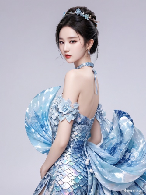  Transparent blue and white porcelain PVC skin, transparent blue and white porcelain colored skin scales, prisms, holography, color difference, fashion illustrations, masterpieces, Chinese dragon and Harajuku fashion, looking at the audience, 8k, super detailed, pixiv