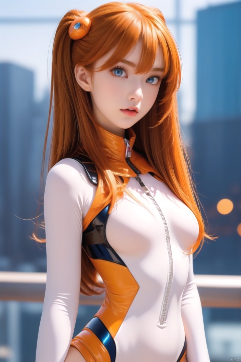 1girl, solo, long hair, breasts, looking at viewer, bangs, blue eyes, hair ornament, gloves, medium breasts, closed mouth, standing, cowboy shot, small breasts, artist name, white gloves, orange hair, blurry, lips, bodysuit, blurry background, skin tight, zipper, realistic, arms at sides, plugsuit, white bodysuit, souryuu asuka langley