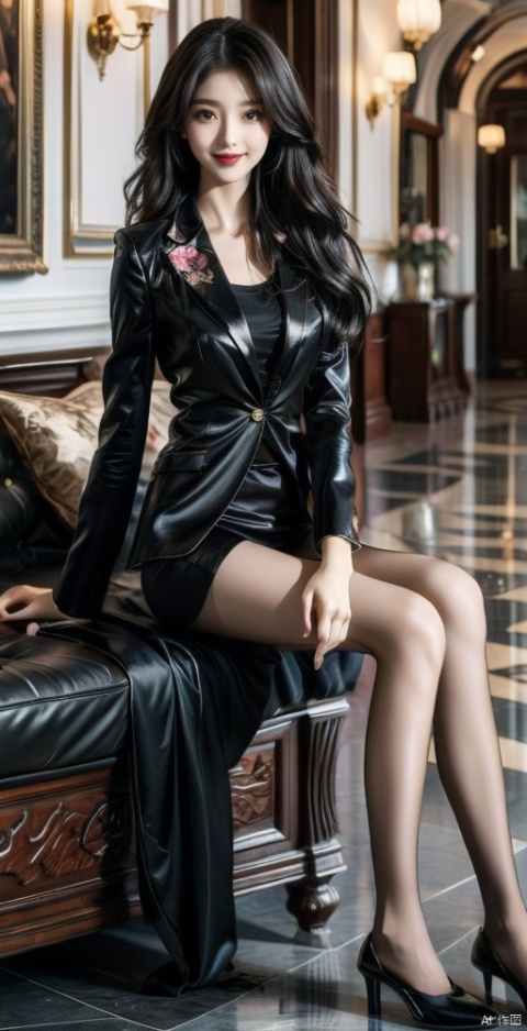  In the lobby of a luxury hotel, a beautiful woman with a bouquet of flowers in her hand, long hair, wearing a suit on the upper body, light gray thick tights on the lower body, boots on the feet (rounded at the knees), waiting for someone, with a sweet smile,sssr