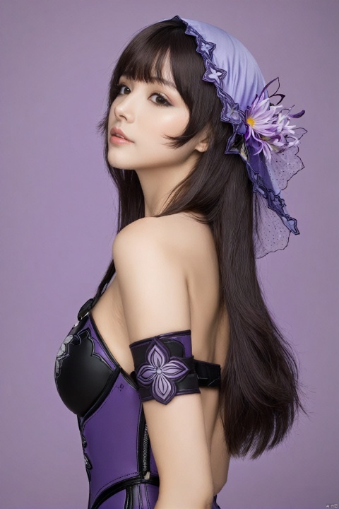  Revised sentence: "A solo girl . She has parted lips and is looking at the viewer from the side profile while standing against a simple purple background with a purple flower. Her upper body, which has English text on it. Additionally, she has bangs and another hair flower." hte,1girl,long hair,boots,purple hair,black gloves,veil,cleavage,pantyhose,large breasts,shorts,yellow eyes,
