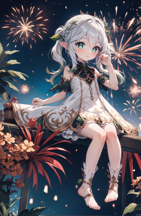  best_quality, extremely detailed details, simple,clean_picture, loli,solo,1 girl,full_body,
pretty face,extremely delicate and beautiful girls,(beautiful detailed eyes),green_eyes,white_hair,very_long_hair, 
bare_foot, fireworks