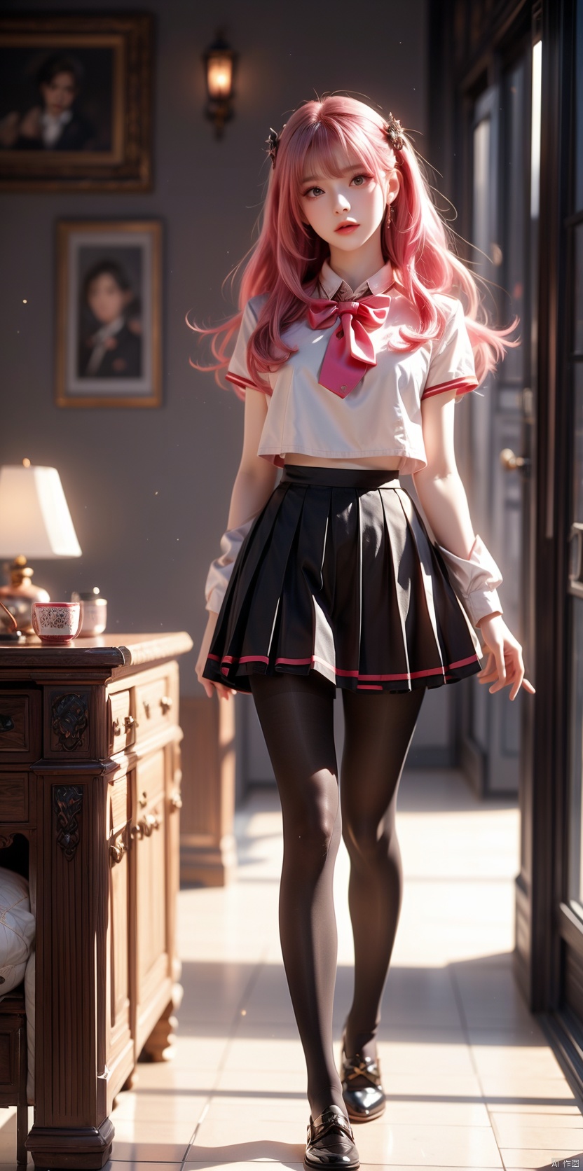  Reality, official art, uniform 8k quality, super detail, fine detail skin, movie angle, movie texture, movie lighting, masterpiece, best picture quality, deep shadows, backlight, silhouette, light, school uniform, pleated skirt, living room, 1 girl, vermilion lips, messy hair, 1 girl, mini skirt, pink hair, showy underwear, huge chest, bj_ Devil_ Angel, Tiffany Lockhart, Serafuku, head up, looking at the audience, with skirts, long legs, standing opposite the audience, looking up from an angle,tutuwl,cyborg,black pantyhose,full body